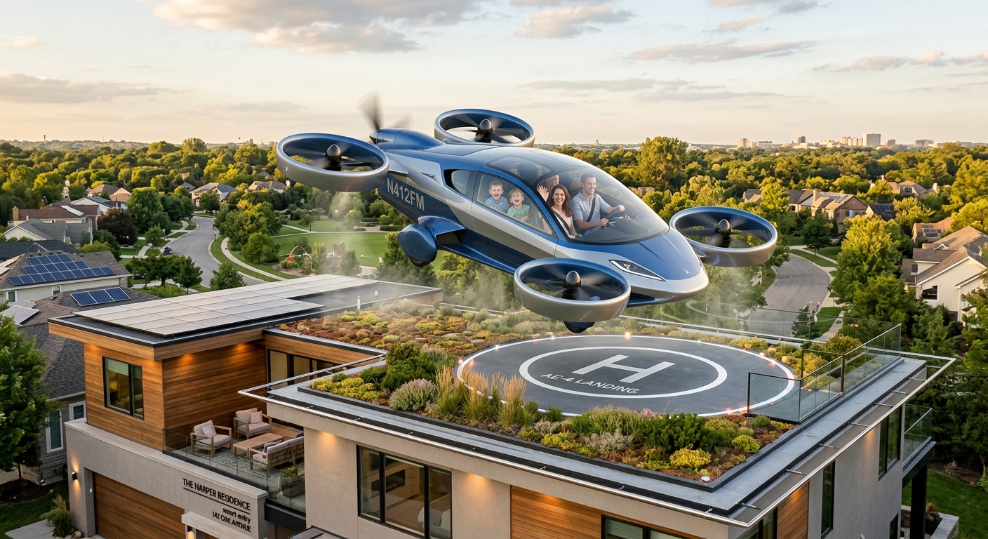 Family SkyDrive landing on a smart home rooftop