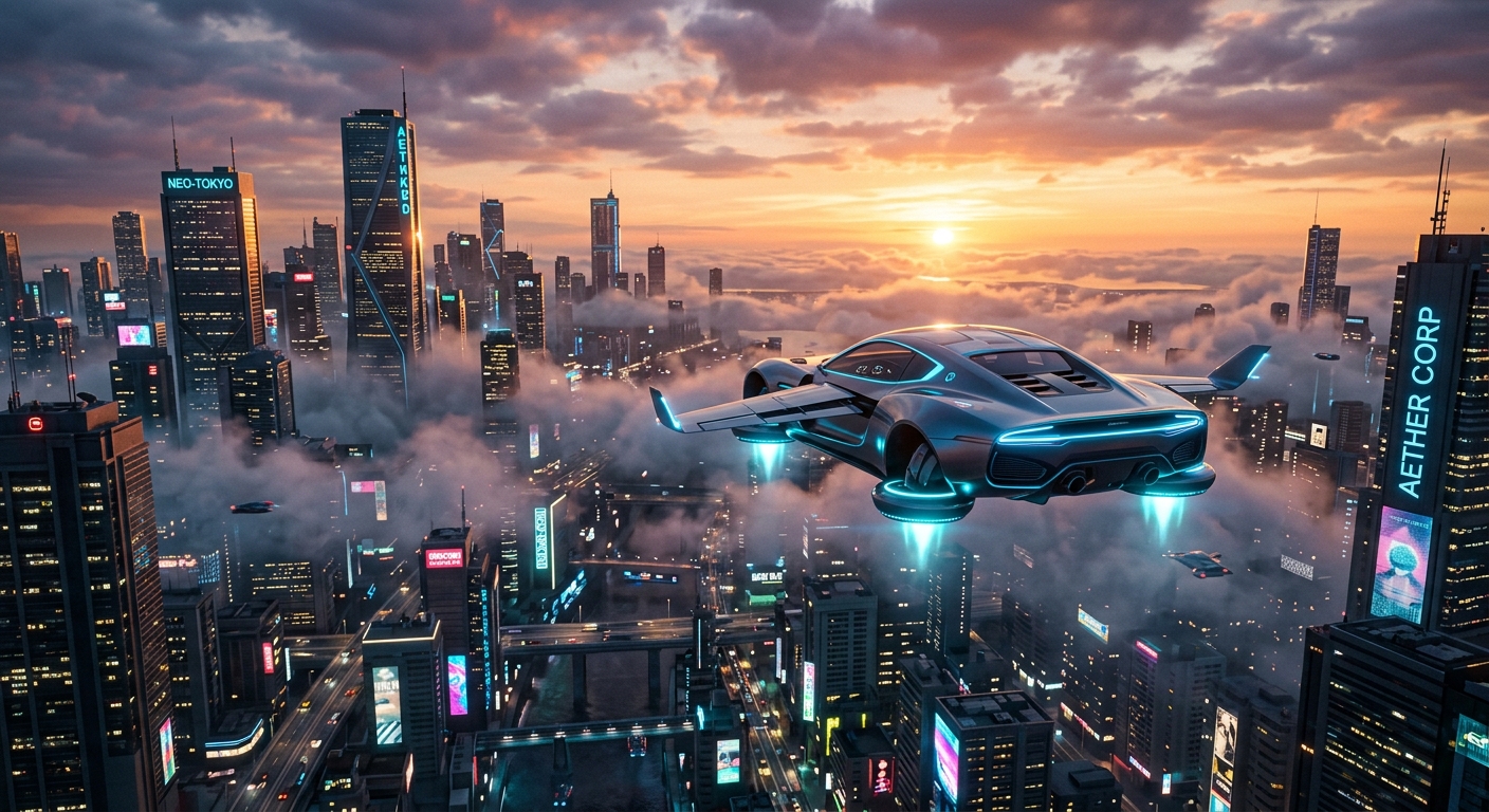 Futuristic flying car over a neon-lit city at sunset